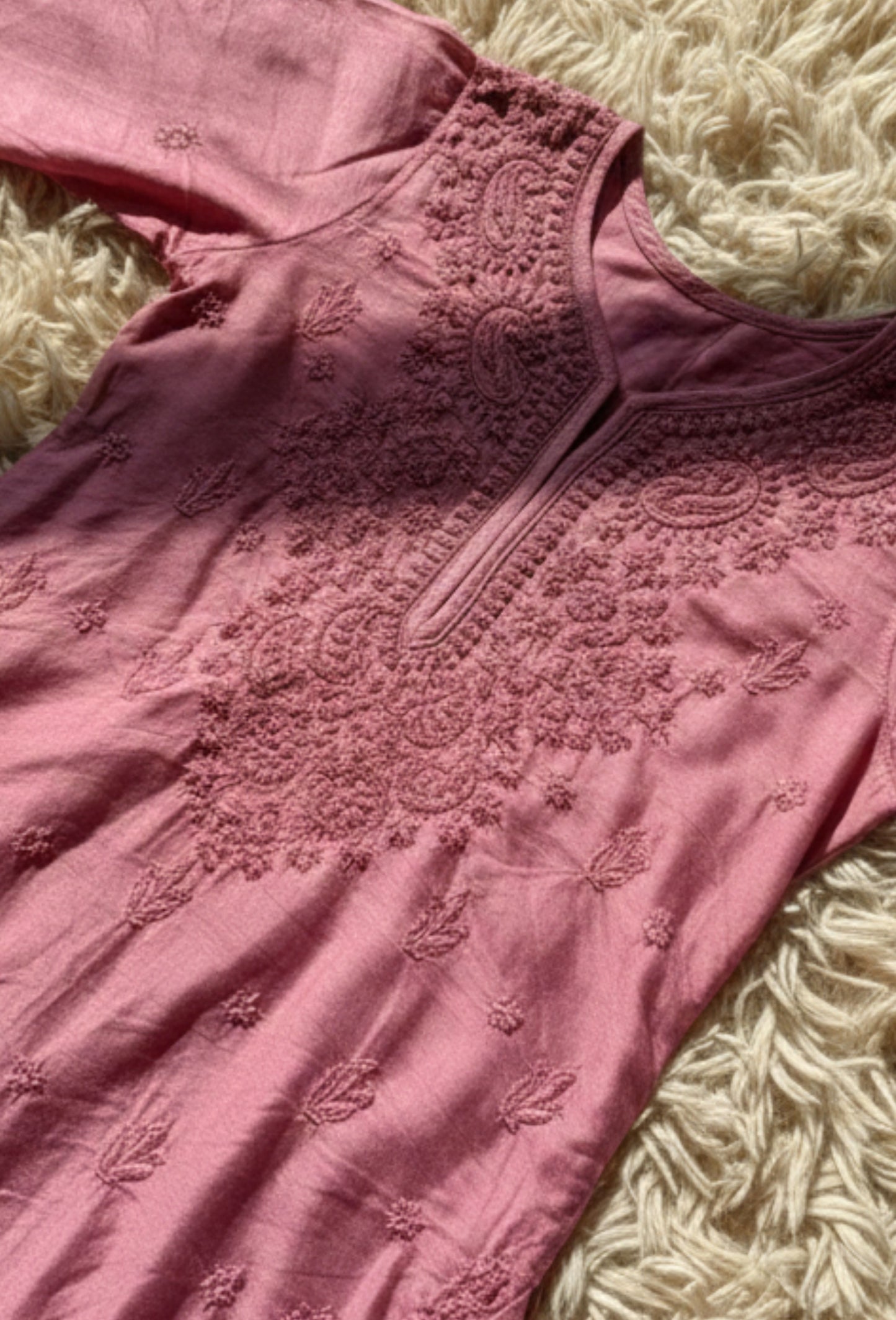 Chanderi Chikankari Hand Embroidered Kurta Set - Rose Pink