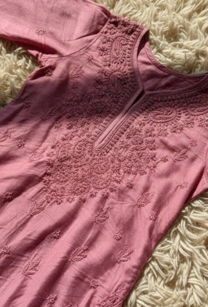 Chanderi Chikankari Hand Embroidered Kurta Set - Rose Pink