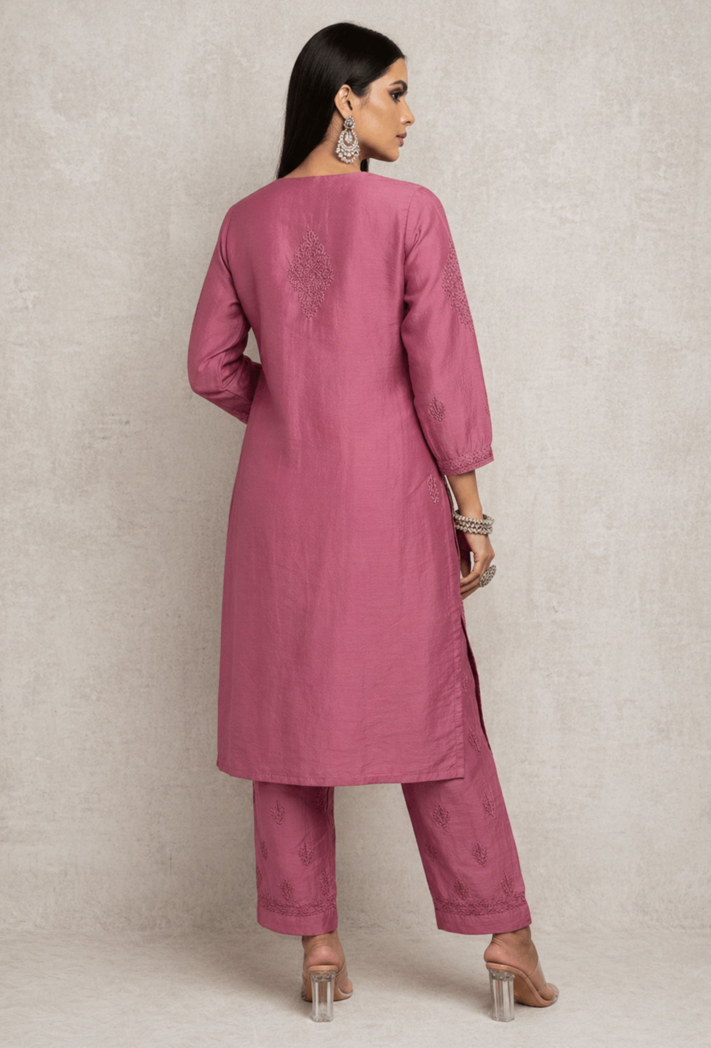 Chanderi Chikankari Hand Embroidered Kurta Set - Rose Pink