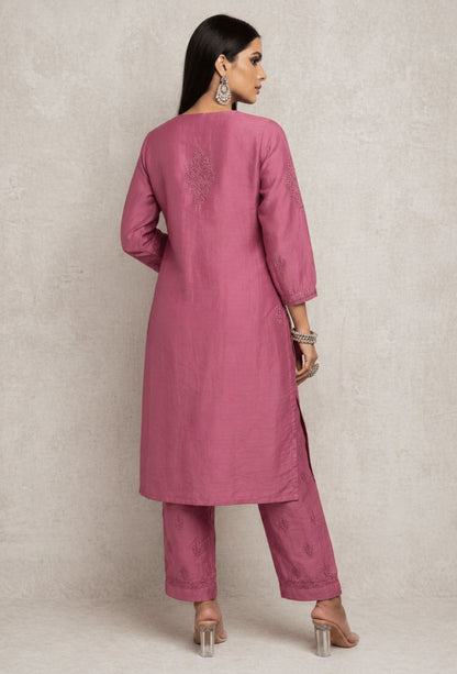 Chanderi Chikankari Hand Embroidered Kurta Set - Rose Pink