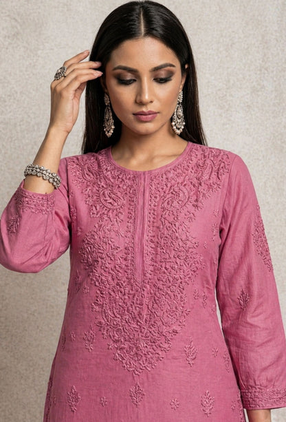 Chanderi Chikankari Hand Embroidered Kurta Set - Rose Pink