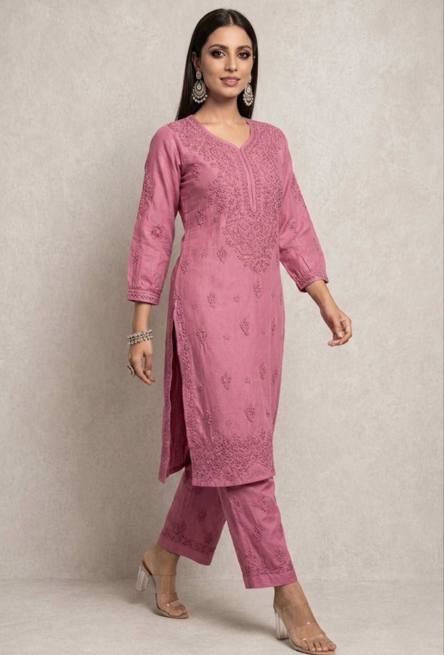 Chanderi Chikankari Hand Embroidered Kurta Set - Rose Pink