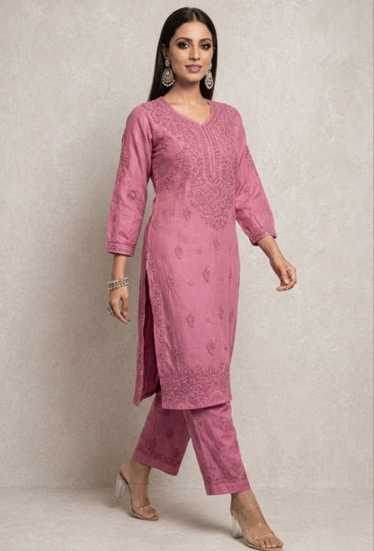 Chanderi Chikankari Hand Embroidered Kurta Set - Rose Pink