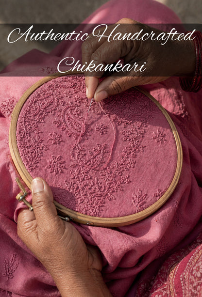 Chanderi Chikankari Hand Embroidered Kurta Set - Rose Pink