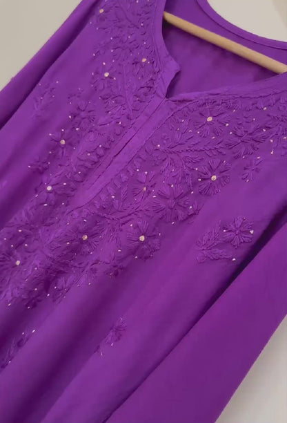 NAQSH Muslin Chikankari Gold Embroidered Women's Long Kurta - Purple