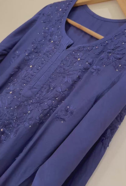 NAQSH Muslin Chikankari Gold Embroidered Women's Long Kurta - Deep Blue