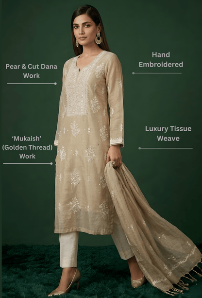 Unstitched Luxury Chikankari Hand Embroidered Kurta Dupatta Set